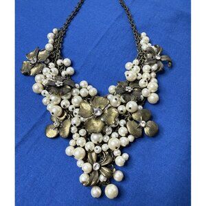 Floral Rhinestone Pearl Cluster Goth Gun Metal Bronze Chain Mail Bib Necklace